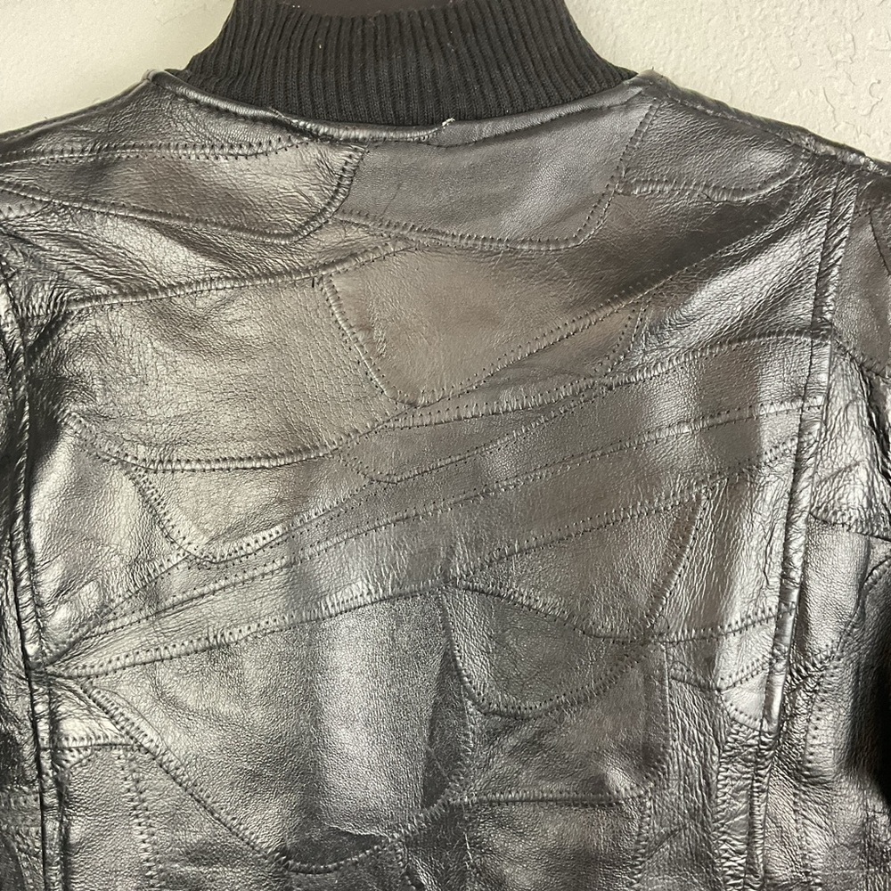 M. Collection Women’s Black Leather Patchwork Zip Up Bomber Jacket Sz Med - Picture 9 of 15